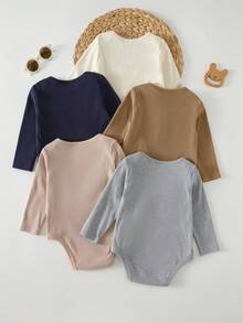 Cozy Pixies 5pcs Baby Boy Baby Girl High Elasticity Shoulder Overlap Loose Fit Brushed Fleece Skin-Friendly Solid Color All-Match Versatile Knit Soft Round Neck Long Sleeve Open Crotch Bodysuit - Multicolor - View 2