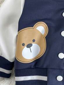 SHEIN Playful Pals 2件組男嬰運動簡約字母與熊圖案夾克外套＋純色長褲套裝，休閒日常穿著 - 藏蓝色 - 查看 6