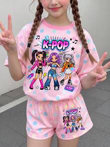 女童小女孩休閒簡約卡通女孩團體印花短袖T恤與波點短褲2件套，適合夏季 - 彩色 - 查看 2