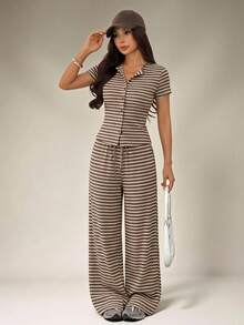 SHEIN PETITE 女款休閒條紋前開襟短袖上衣與寬腿褲兩件套，春夏休閒兩件套，舒適女款兩件套 - 摩卡棕 - 查看 4
