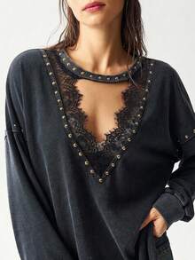 Bohemela Women's Fall Casual Black Washed Knit Long Sleeve Sweatshirt/Halloween/Back To School/Going Out/Y2K/Holiday - Black - View 5