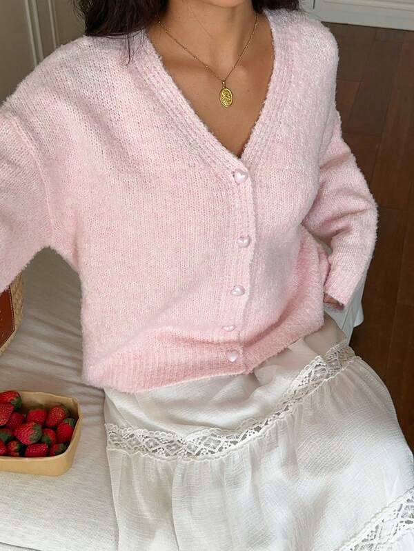 Dulcita Women's Pink Cute Sweet Fashion Versatile Fun Heart Button Cardigan Sweater For Daily Commute, Dating, Outdoor Wear In Autumn/Winter