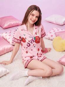 Notgurli Women's White Fast Food Print Button Down Short Sleeve Pajama Set Novelty Slumber Party - Pink - View 4