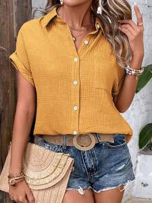 EMERY ROSE Summer Solid Color Single-Breasted Lapel Drop Shoulder Shirt Suitable For Daily Wear - Yellow - View 6