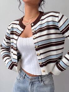 SHEIN BASICS 女款休閒針織開襟衫，美式復古條紋，夏季，街頭風，日常通勤校園，秋冬，畢業季，藍白條紋 - 彩色 - 查看 4