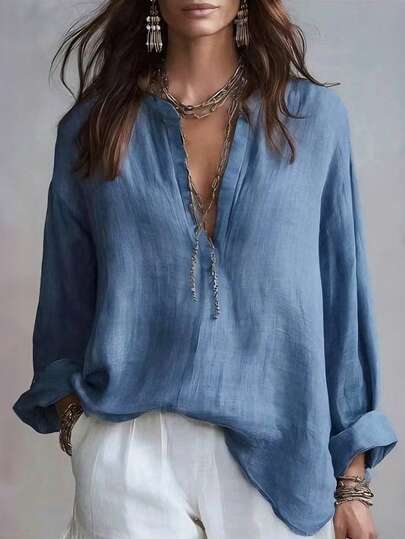 SHEIN Women's French V-Neck Blue Blouse, Loose Drop Shoulder Long Sleeve Casual Versatile Pullover Shirt, Commute Minimalist Versatile Top