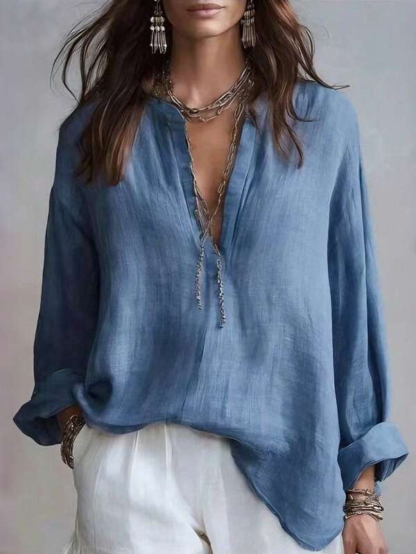 SHEIN Lady's French V-Neck Blue Top, Loose Shoulder Long Sleeve Casual Shirt, Fashionable Business Casual Top, Autumn Dressing, Country Style