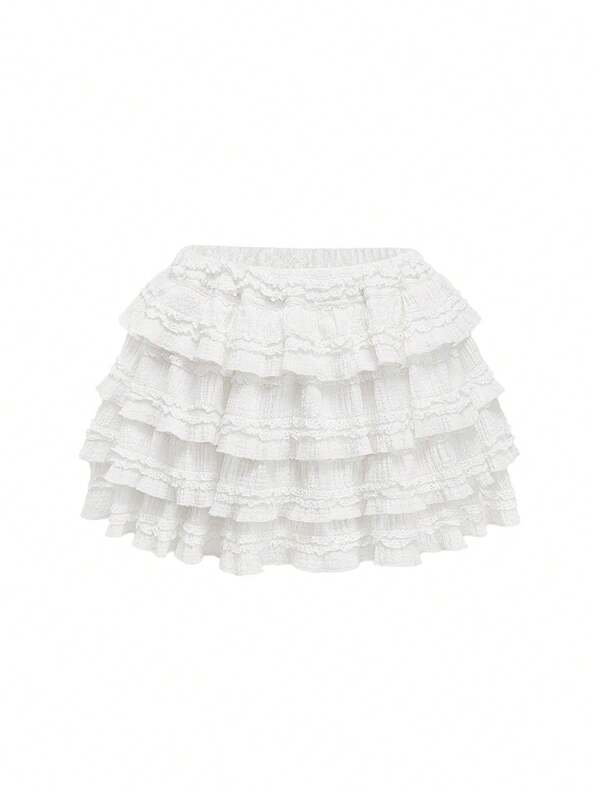ROMWE Kawaii White Y2K Textured Fabric Sweet Cake Hem Spliced Women's Low Waist Mini Skirt, Versatile Skirt For Multiple Occasions, Autumn/Winter