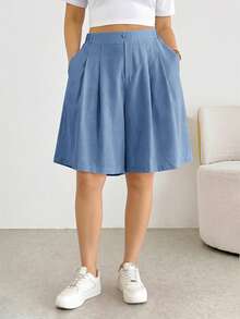Shapeblank Plus Size Minimalist Versatile Button Elastic Waist Pleated Pocket Shorts - Blue - View 4