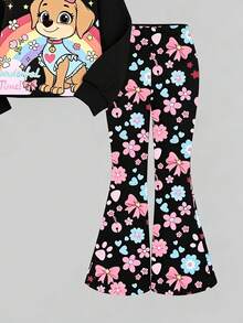 女嬰卡通印花長袖秋季運動衫與內搭褲休閒日常套裝 - 彩色 - 查看 5
