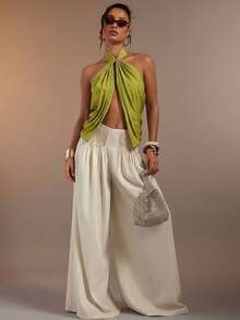 Hauture Women's Sexy Abstract Print Halter Neck Backless Linen Top - Green - View 3