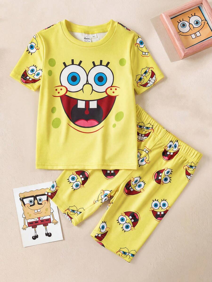 SpongeBob SquarePants | SHEIN Young Boy Cartoon Print Short Sleeve Top And Shorts Snug Fit Pajamas - Yellow - View 1