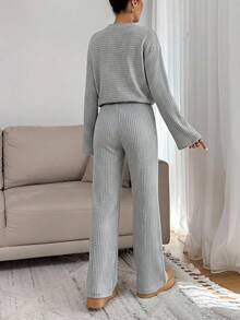 Solid Color Long Sleeve Top And Pants Set - Grey - View 2