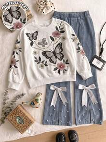 SHEIN Tween Girls 2pcs/Set White Soft Style Pearl Butterfly Print Sweatshirt & Split Hem Pearl, Fall, Back To School, Casual, Minimalist, Warmth, Jeans Suit - Multicolor - View 3