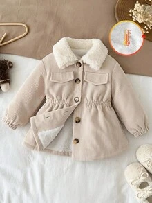 SHEIN 女嬰秋冬可愛百搭編織燈芯絨拼接保暖內裡翻領外套，適合秋冬穿著 - 杏色 - 查看 5