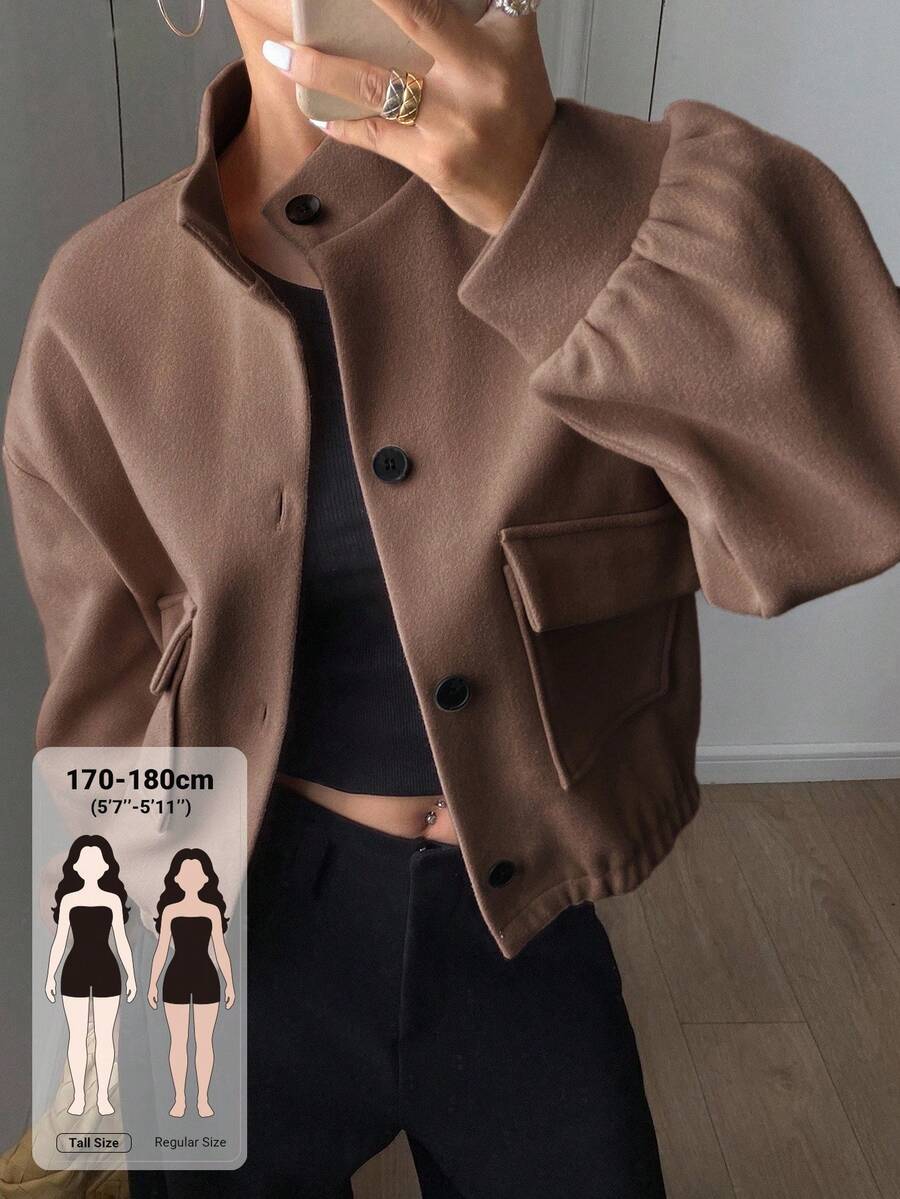 Dazy Tall Jaket Kasual Wanita Lengan Panjang Longgar dengan Kerah Tegak untuk Musim Gugur - Coklat - View 1