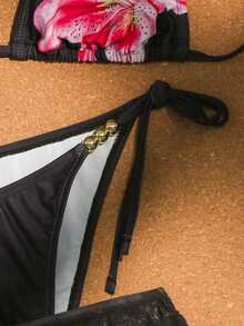 Swim SXY 女款 3 件組花卉隨機印花性感 V 領掛脖綁帶比基尼套裝，附外罩裙，夏季 - 彩色 - 查看 5