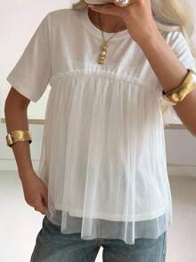 FRIFUL Women's Round Neck Loose 2 In 1 Mesh Patchwork Wide Hem Loose Solid Color T-Shirt - White - View 3