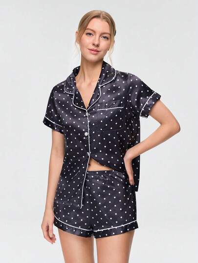 Bonmuse Polka Dot Print Casual Versatile Short Sleeve Shirt And Shorts Button Set