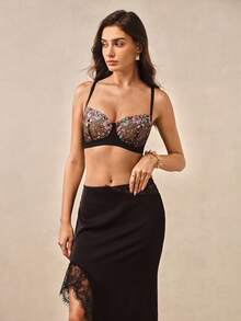 Hourtrue 1pc Lace Patchwork Sexy Women's Bra, Wireless Seamless T-Shirt Bra For Daily Wear - Black - View 1