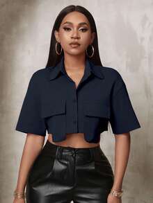 BamGleam Women's Solid Color Single-Breasted Cropped Short Sleeve Shirt With Two Pockets - Navy Blue - View 3