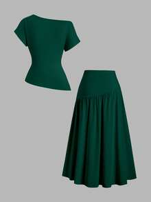 Sweetra Women's Spring/Summer Elegant Casual Commute Asymmetric Shoulder Ruched Waist Asymmetrical Hem Slit Short Sleeve Top & Comfortable Versatile Pleated Hem Long Skirt 2-Piece Set - Dark Green - View 2
