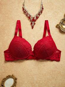 PinupPomp 1pc Women's Lace Padded Underwire Bra With Wide Straps, Lift And Support For Small Bust - Red - View 1