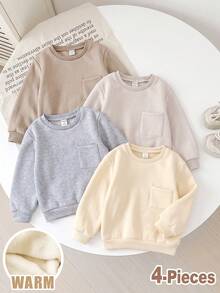 Elladie kids 4件組中性兒童純色口袋長袖運動衫，冬季校園圓領素色上衣，日常返校度假百搭穿搭 - 彩色 - 查看 4