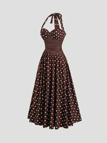 Sweetra Y2K Sexy Vacation Asymmetrical Polka Dot Patchwork Elegant Slimming A-Line Maxi Dress - Coffee - View 3