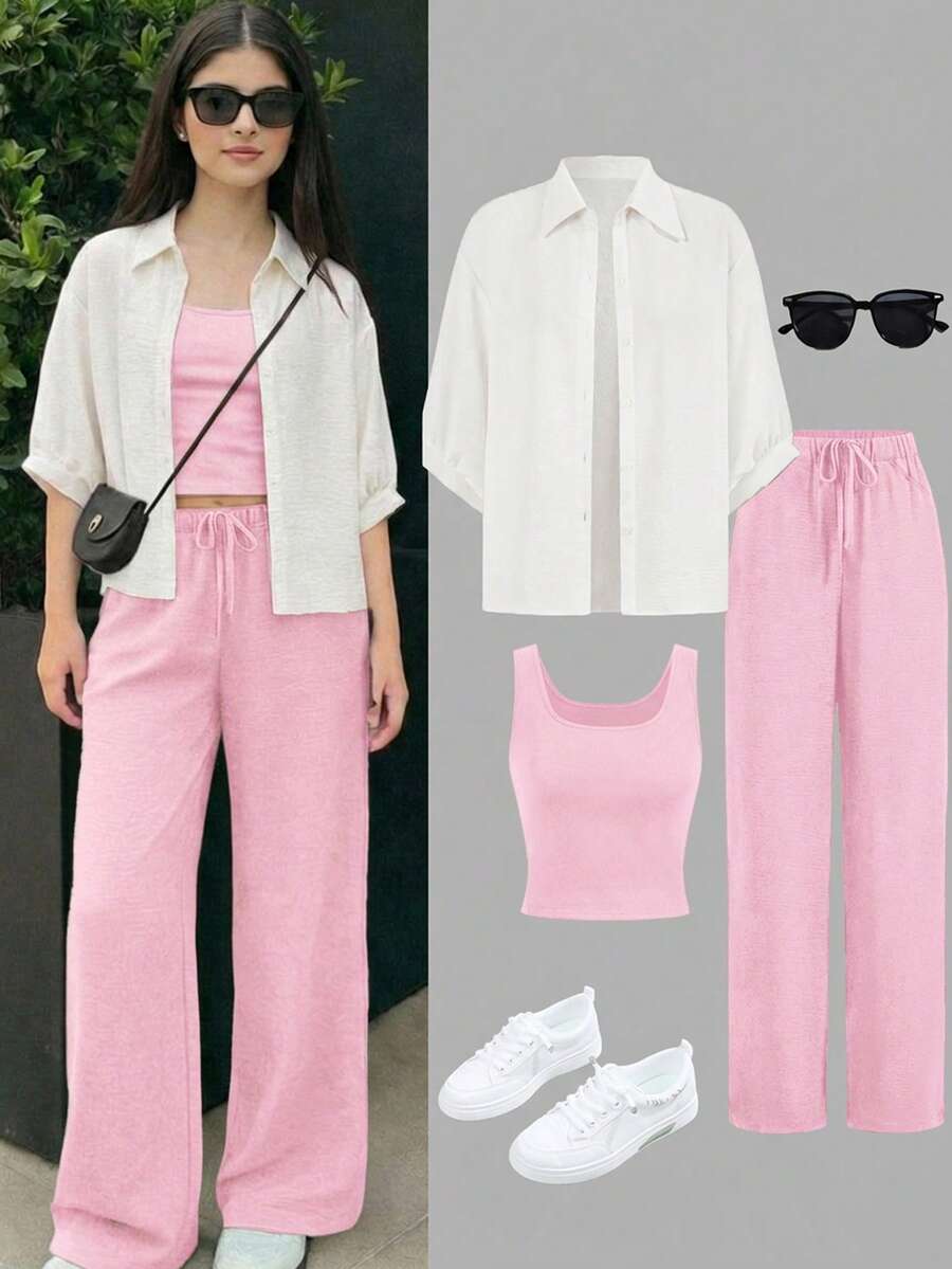 SHEIN Teen Girls Shirt Co-Ords Pink & White 3 Pieces Set Autumn Outfit 2024 New Style Elegant Sun Protection Shirt Blazer Wide Leg Pants - Pink - View 1