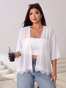 Solflare Chaqueta de talla grande con patchwork de encaje de unicolor - Blanco - Ver 3