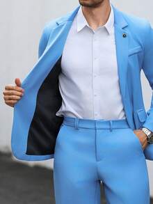 Manfinity Mode 男士純色休閒商務西裝套裝，口袋設計與腰帶設計，適合日常通勤、輕鬆工作環境或半正式場合，也是送給男友與丈夫的理想禮物 - 藍色 - 查看 6