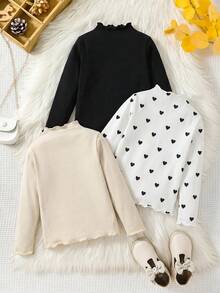 SHEIN 兒童 3件組女童休閒基礎百搭素色羅紋飾邊小高領針織修身T恤套裝 秋冬款 - 彩色 - 查看 2