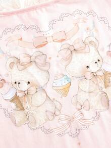 ROMWE Kawaii Women's Himekaji 2 In 1 Contrast Lace Cute Style Heart Bear & Lace Bow T-Shirt, School - Multicolor - View 4