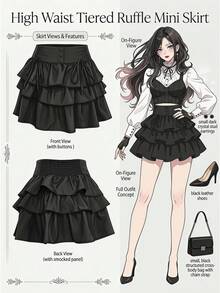 FRIFUL Rok Ruffle Berlapis Pinggang Tinggi Wanita yang Mempesona, Atasan Lucu Serbaguna - Hitam - View 2