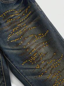 ROMWE Hippie Y2K Millennium Vintage Gold Rhinestone Ultra Low Waist Skinny Denim Jeans For Women - Medium Wash - View 4