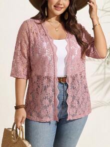 SHEIN LUNE 大尺碼女款蕾絲休閒百搭日常外出開襟衫 - 藕粉色 - 查看 8