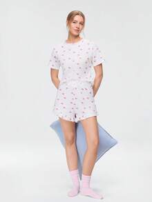 Bonmuse 两件套女士休闲睡衣套装，可爱蝴蝶结印花上衣，轻盈透气家居服套装，夏季 - 白色 - 查看 8