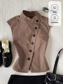 Comfortcana Women's Summer Casual Plaid Asymmetric Front Sleeveless Jacket - Brown - View 1