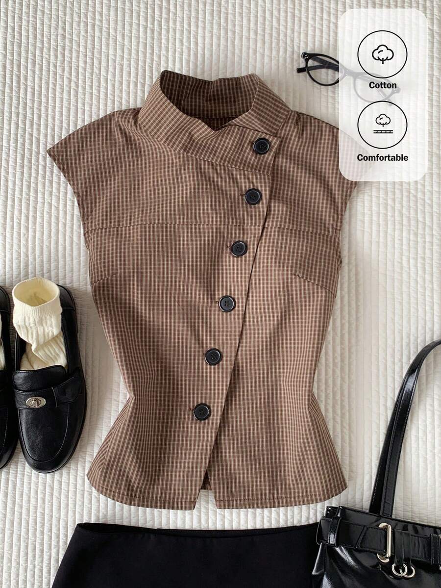 Comfortcana Women's Summer Casual Plaid Asymmetric Front Sleeveless Jacket - Brown - View 1