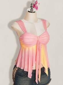SHEIN ICON Women's Asymmetrical Ombre Mesh Ruffle Hem Camisole - Pink - View 7