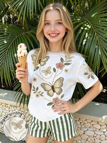 SHEIN Autumn Girls Casual Fashion Creative Floral & Butterfly Pattern Daily Style Comfortable Short Sleeve T-Shirt Set, Suitable For Girls To Wear Comfortable Summer/Autumn Style, Simple Daily Style Outfit - Multicolor - View 3