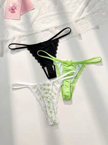 PetitDoll 3pcs/Set Women Lace Patchwork Bowknot Floral Pattern Thong Panties - Multicolor - View 2