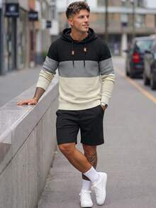 Sorvial Sudadera con capucha con bloques de color y detalles de parches con cordón para hombre, para otoño e invierno - Multicolor - Ver 3