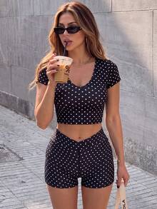 SHEIN Dewbera Women's Sports Shorts With Tulip Waist, Black And White Polka Dot Digital Print, Ruched Decor - Black and White - View 1