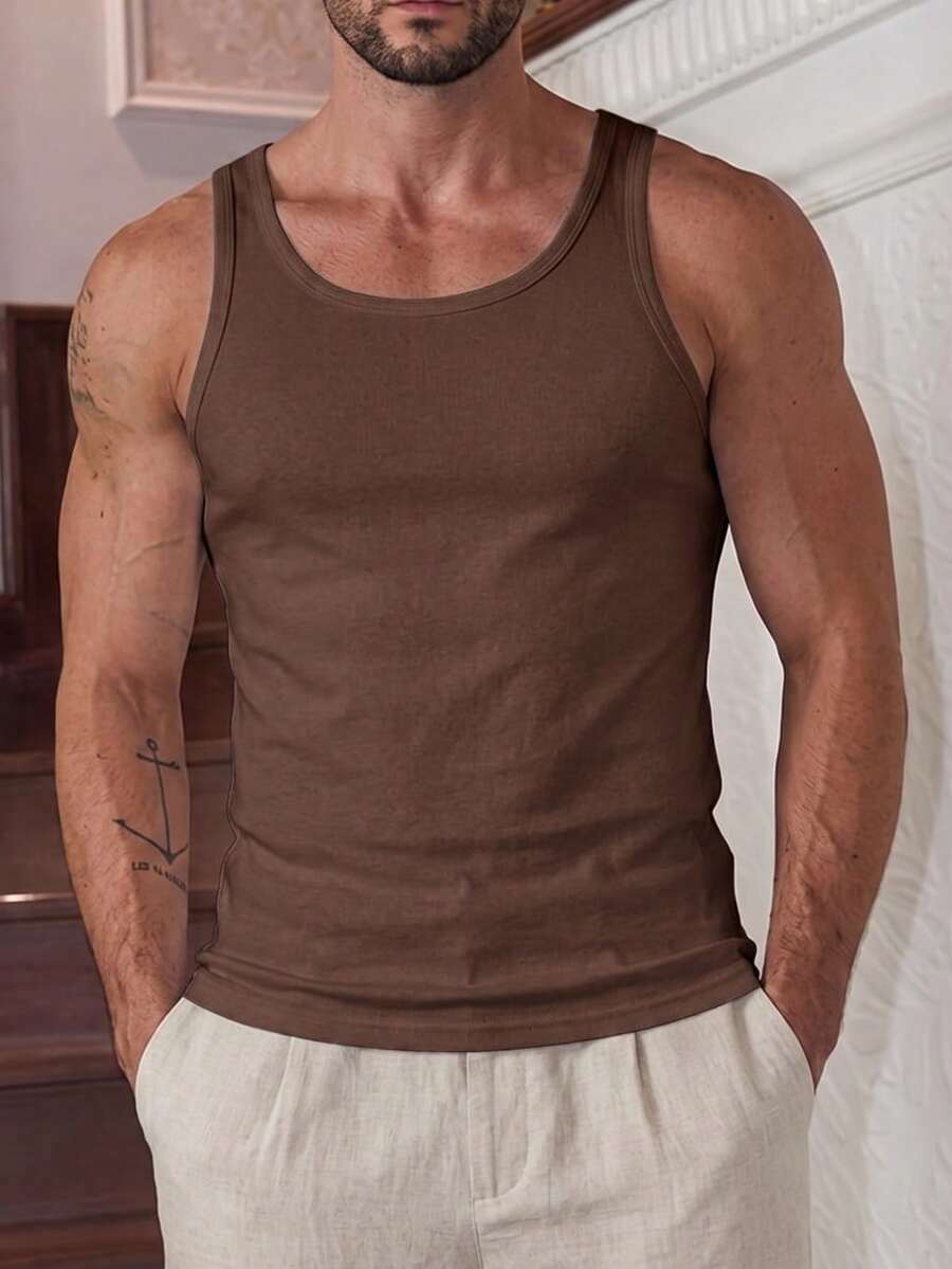 AKNOTIC 男士夏季休閒百搭素色背心 - 咖啡棕 - 查看 1
