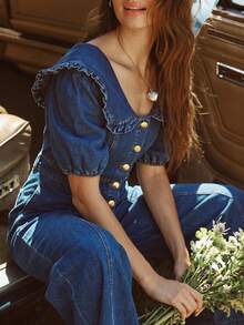 SHEIN MOD Women's Short Petal Sleeve Single-Breasted Casual Wide Leg Denim Jumpsuit Fall - Medium Wash - View 3