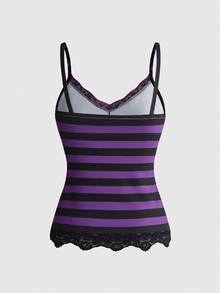 ROMWE Y2K Retro Musical Note & Staff Piano Keyboard Print Fitted Baby Tee With Lace Trim Tank Top 3 Pieces Set - Purple - View 14