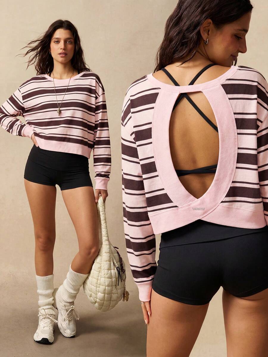 VARSIVA Women's Short Striped Loose Long Sleeve T-Shirt