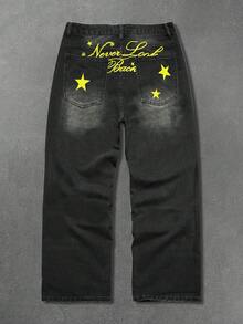 STEELVANCE 男士嘻哈街頭風星星與字母刺繡黑色水洗牛仔直筒寬腿長褲 - 黑色 - 查看 4